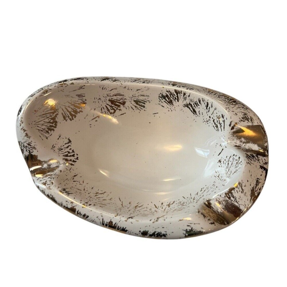 Vintage MCM Plymouth‎ Products DG-5  White W/Gold Ceramic Glazed Ashtray